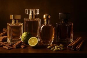 بهترین عطر و ادکلن‌های غیر شیرین زنانه و مردانه 2025 چهار بطری عطر لوکس در کنار قطعات چوب صندل، ترنج تازه، غلاف‌های هل و چوب‌های دارچین، با پس‌زمینه گرم و لوکس.