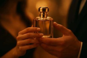 دستهای زن و مرد که بطری عطر لوکس طلایی را در پسزمینه گرم و عاشقانه نگه داشتهاند.