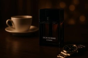 ادکلن مردانه Dior Homme Intense با طراحی تیره و لوکس روی میز چوبی، همراه فنجان قهوه و ساعت مچی