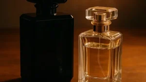 تفاوت ماندگاری و پخش بوی عطرها مقایسه دو شیشه عطر تیره و روشن روی میز چوبی در قاب افقی