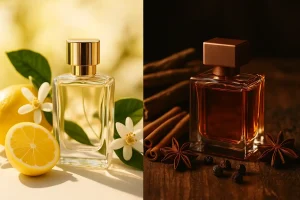 تفاوت ماندگاری و پخش بوی عطرها عطر تابستانی با نت لیمو و گل و عطر زمستانی با چوب و ادویه در یک قاب افقی
